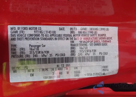 2014 Ford Focus Se из США, поврежденный, VIN 1FADP3F28EL158945